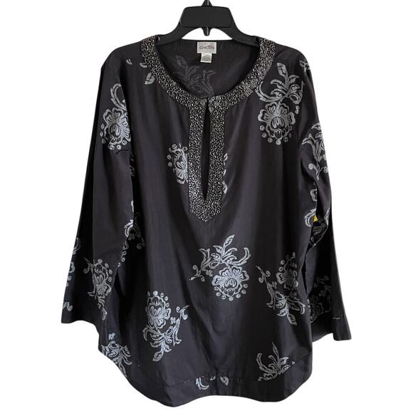 Chico’s Silk Tunic Top Beaded Floral Split Neck Blouse Black Size 3/XL - Picture 3 of 8